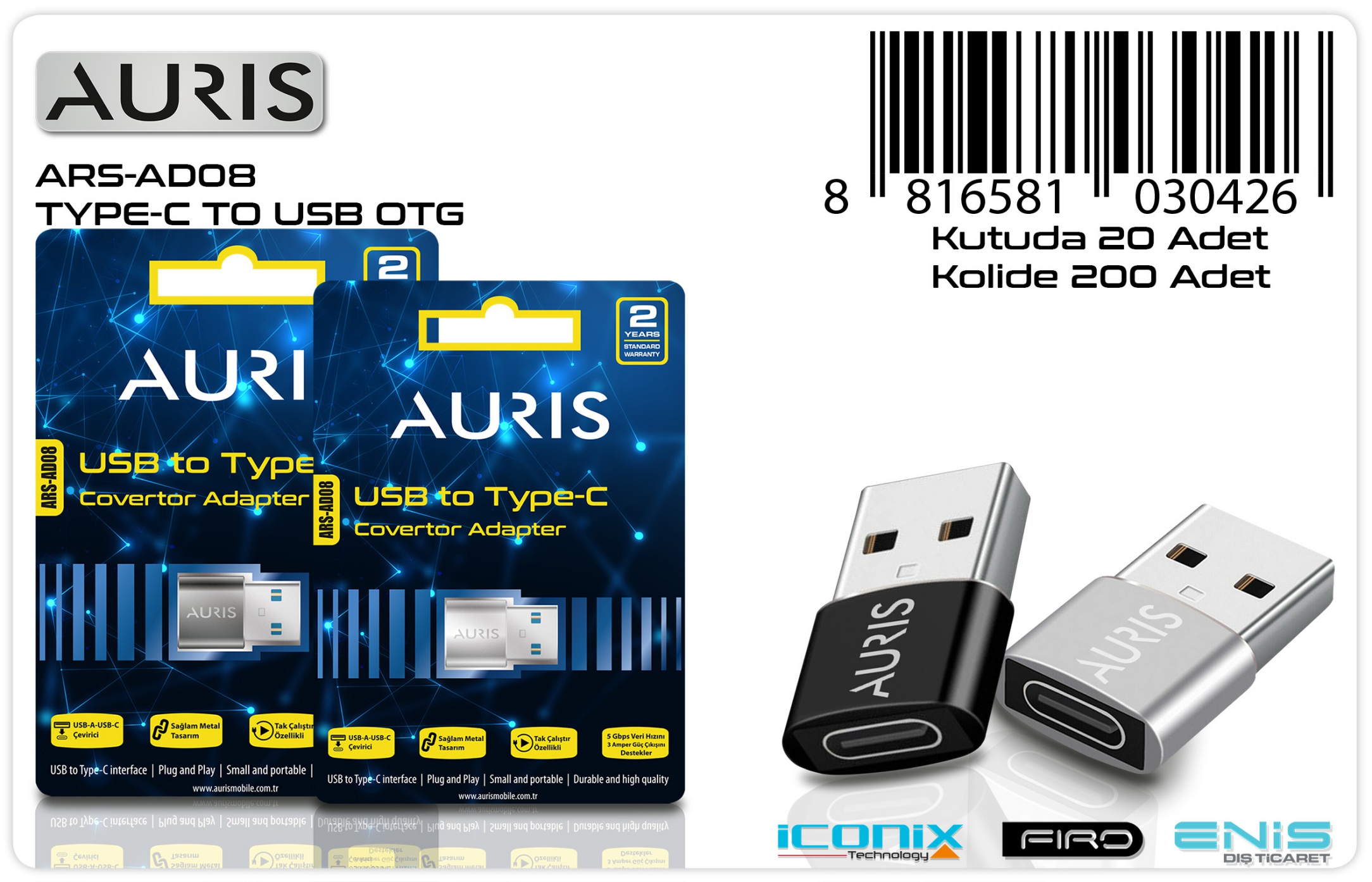 Auris AD08 Type-C to USB OTG Dönüştürücü  Hızlı ve Pratik Bağlantı